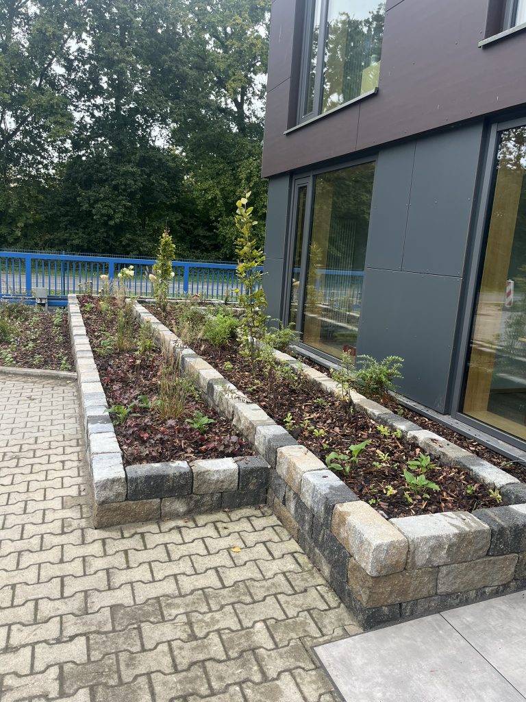 Beete für ein Gewerbe vor dem Hauptgebäude