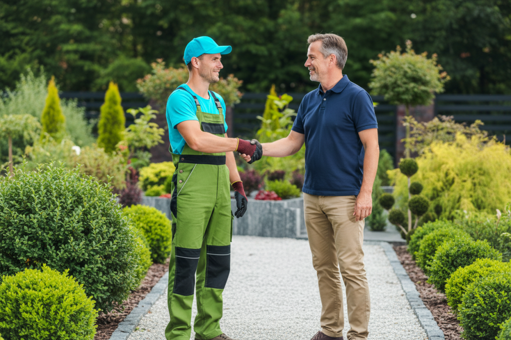 Zwei Männer die sich die Hand schütteln, Arbeiter und Auftraggeber.